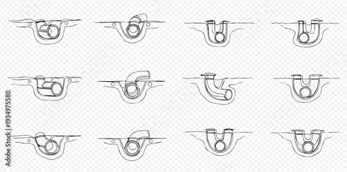 Set of various pipe connection types for underground drainage systems in trench.
