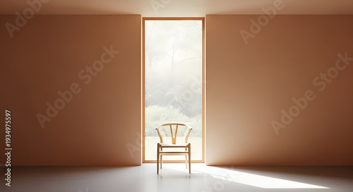 A minimalist interior featuring a single designer chair centered against a large window