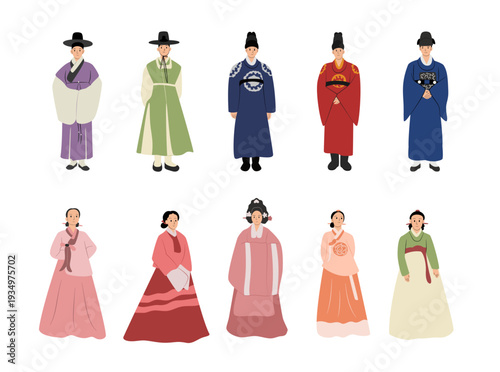 Traditional Korean Hanbok Costume Character Illustration Set