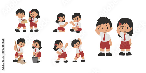 Indonesian School Children Boy and Girl Classroom Activities Illustration Collection