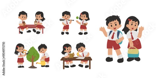 Indonesian Elementary School Boy and Girl Students Activities Illustration Set