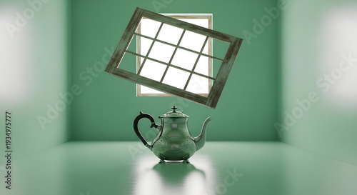 A vintage ornate teapot and a wooden window frame floating in a minimalist monochrome green interior space