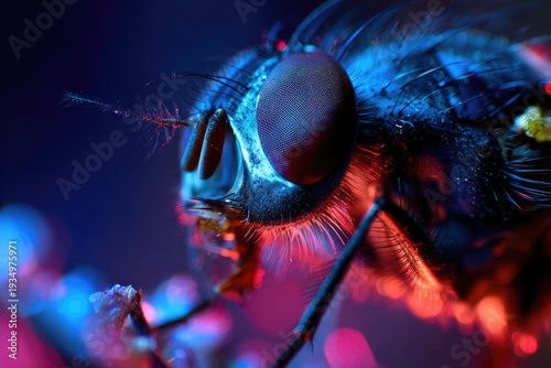 Extreme Close Up Fly Compound Eyes Under Neon Lighting