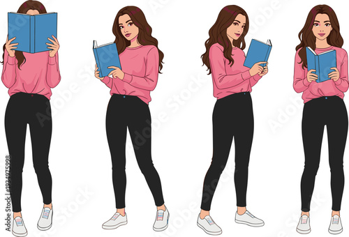 Young woman reading book in casual clothes, education and knowledge concept illustration isolated on white background design