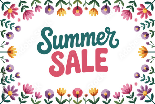 A colorful summer sale sign with a floral border and vibrant flowers