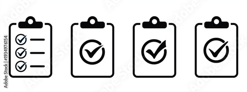 Clipboard checklist icon set with check marks isolated on white background, task management and to do list concept illustration in bold black outline style