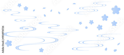 水色の流水紋と桜のフレームイラスト　和風　波紋　吉祥文様