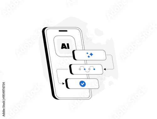 AI mobile workflow, smartphone AI process, automation steps flowchart, input processing output sequence, machine learning task completion, modern workflow flat infographic design, vector illustration