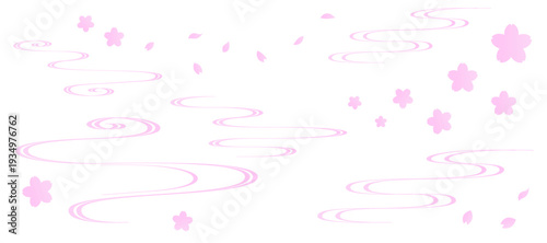 ピンク色の流水紋と桜のフレームイラスト　和風　波紋　吉祥文様