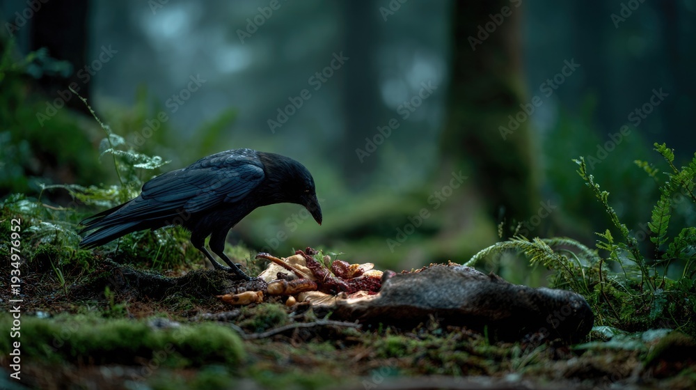 Fototapeta premium Somber Forest Scene with Crow in Flight Over Deer Remains