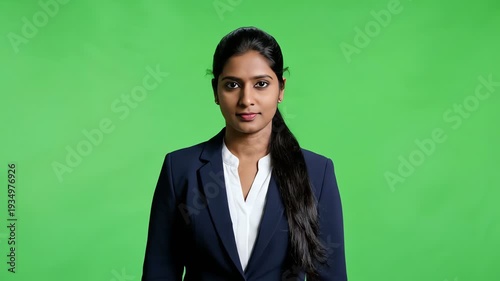 Woman in suit raises hand for attention, isolated on green screen background.