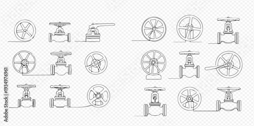 Set of hand-drawn illustrations of various industrial valves and taps in different views, showcasing plumbing and pipeline components.