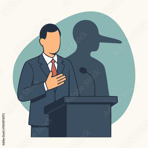 the pledge and the lie: faceless speaker framed by a shadow revealing hidden deceit and public‑facing performance
