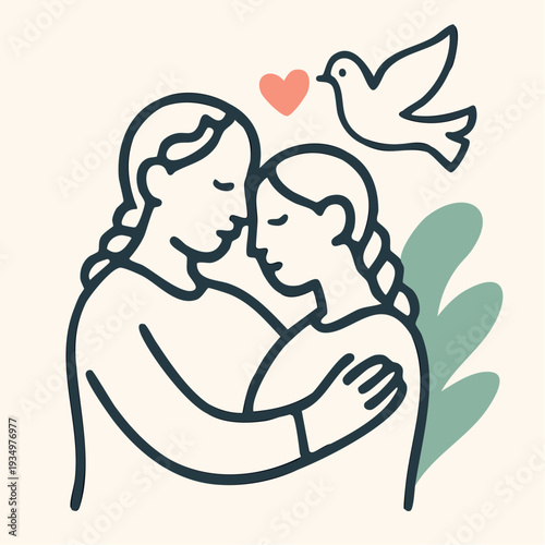 quiet embrace beneath a peaceful dove, a tender line‑art moment holding love, safety, and the promise of gentleness
