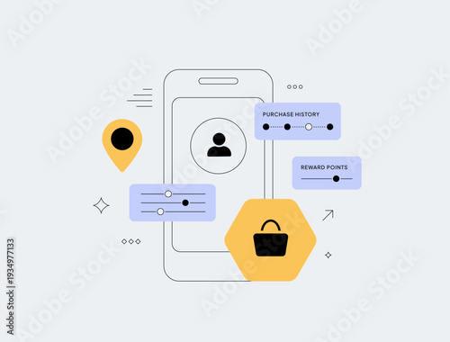 AI-powered hyper-personalization, personalized shopping recommendations, targeted marketing strategy. Customer behavior analysis, e-commerce customization, data-driven insights, vector illustration