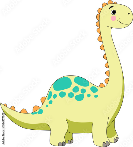 Cute Long Neck Dinosaur Cartoon Character on Black Background. Child friendly prehistoric character illustration perfect for kids design, nursery decor, t-shirts and educational materials.