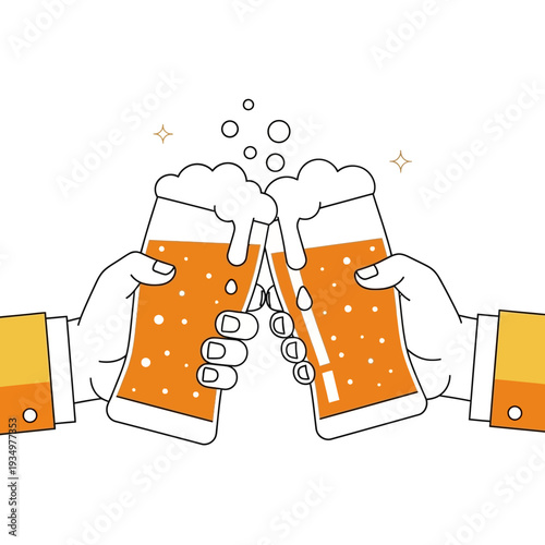 Two hands clinking beer glasses in a toast, celebrating with frothy lager, cheers concept