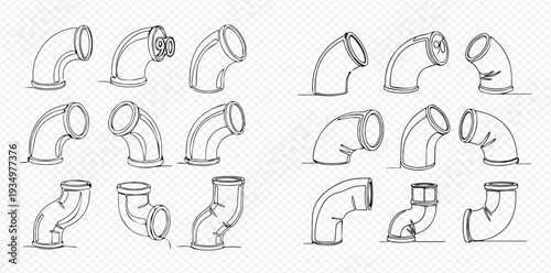Continuous line drawing of various pipe elbows and plumbing fittings for water and gas systems.