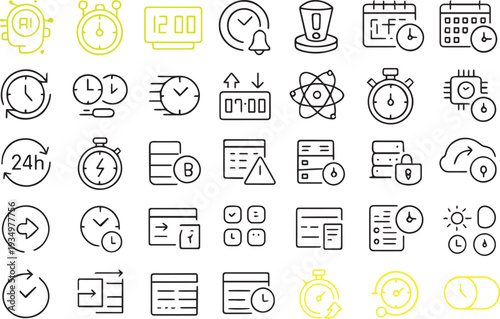 Collection of yellow line icons representing time alerts and various digital concepts high quality professional detailed