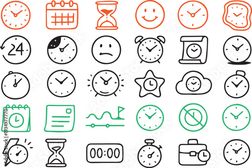 Collection of orange and teal line art icons depicting various time and object representations high quality