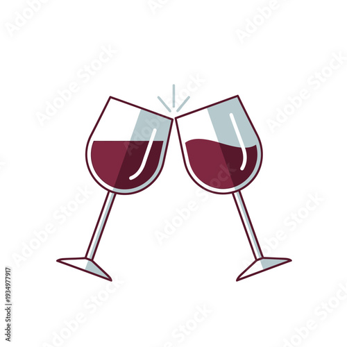 Two red wine glasses clinking in a toast, celebration, cheers, party, romantic dinner, alcohol, beverage