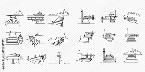 Set of various pier and dock line art illustrations, featuring different designs and perspectives for waterside structures.