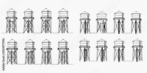 Set of water towers in continuous line art drawing style. Minimalist black linear sketch isolated on transparent background. Vector illustration.