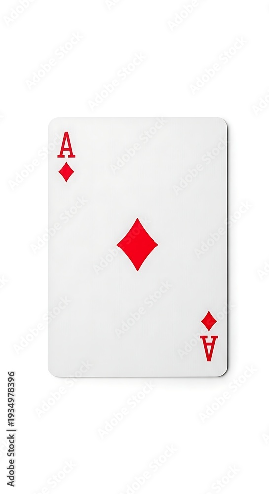 Obraz premium Symmetrical Ace of Diamonds playing card with vivid red accents standing out against a neutral white isolated background.