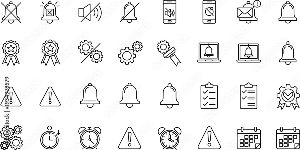 Fototapeta premium Hand Drawn Notification and Alert Icon Set with Bells Alarms Settings Checklists and Warning Symbols Outline Vector Collection