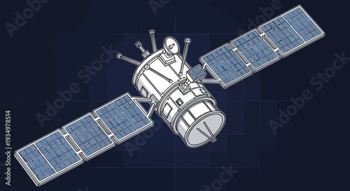 Satellite in Space with Solar Panels and Antennae.