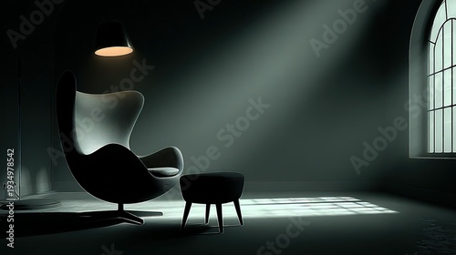Modern interior design showing chair with ottoman in dim light