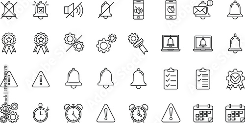 Hand Drawn Notification and Alert Icon Set with Bells Alarms Settings Checklists and Warning Symbols Outline Vector Collection