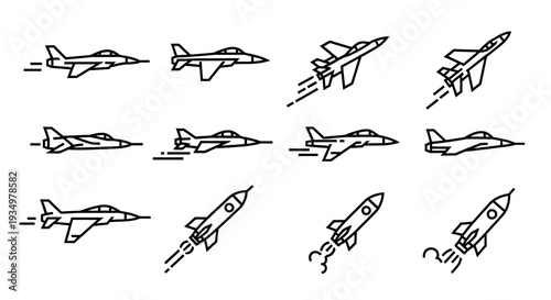Collection of Fighter Jets and Rockets in Various Poses.