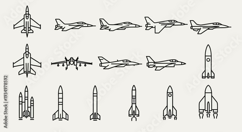 Collection of Fighter Jets and Rockets in Various Designs.