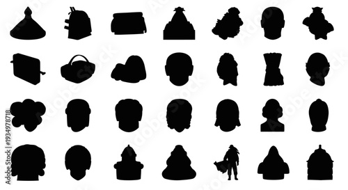 Collection of various black silhouettes of people heads and hats.