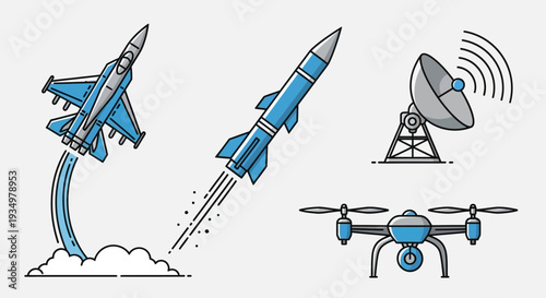 Vector illustrations of various aircraft and communication technology.