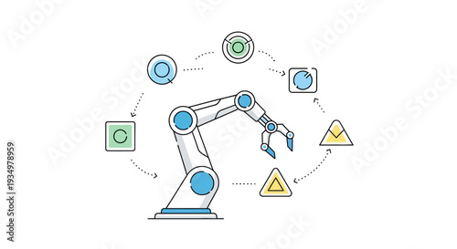 Industrial robotic arm with various icons and symbols surrounding it.