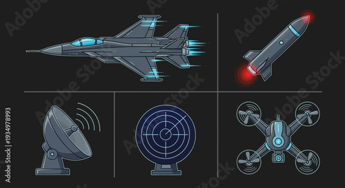 Futuristic aircraft and surveillance technology illustrations.