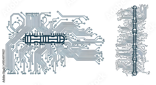 A detailed illustration of a circuit board with complex wiring and components