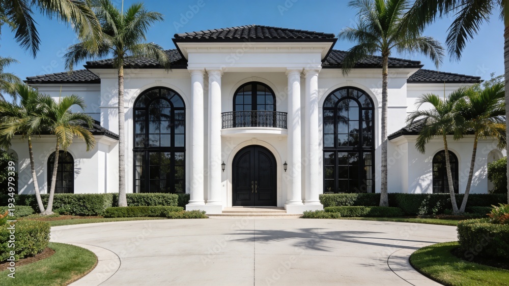 Fototapeta premium Luxury Mediterranean Mansion Exterior with Symmetrical Columns, Palm Trees and Grand Entrance Driveway in Bright Daylight
