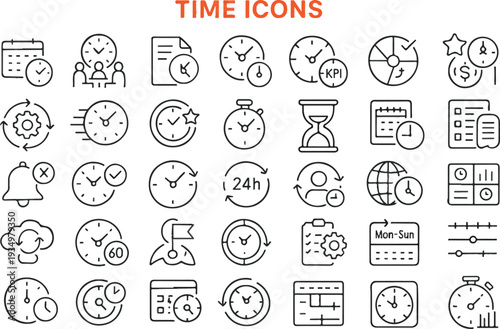 Collection of time related icons depicting clocks calendars and productivity symbols high quality professional detailed modern