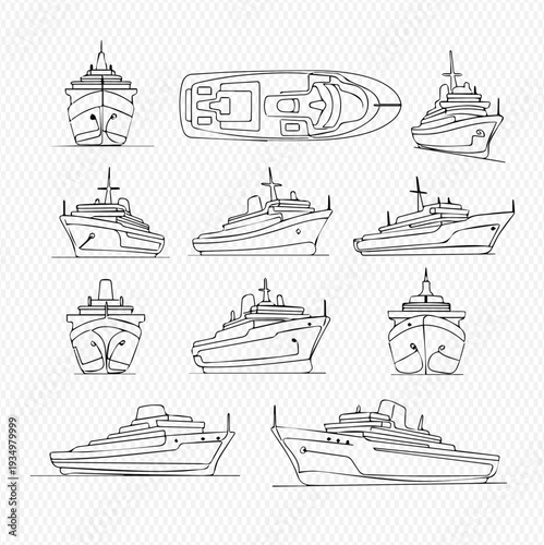 Set of hand-drawn luxury yachts and boats, various views, vector illustration.