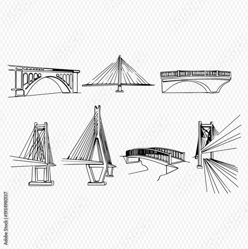 Set of hand-drawn bridge illustrations in various architectural styles, perfect for design projects and educational materials.