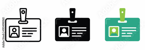 Identification badge icons set including staff ID cards, visitor passes, and lanyard name tags, ideal for workplace security