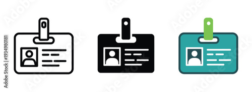Identification badge icons set featuring employee ID cards, access passes, and security credentials, perfect for corporate branding
