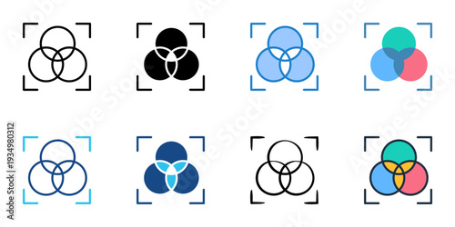 Boolean operators icons set multiple style collection. Editable stroke 
