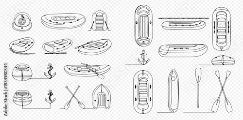 Set of inflatable boat line art drawings with anchors and oars, various views for water sports and recreation.