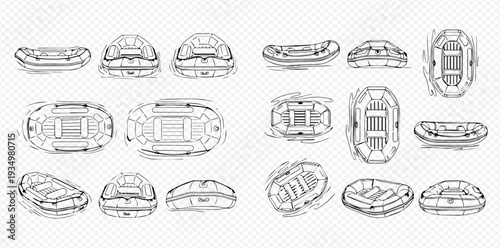 Set of hand-drawn inflatable rubber boats for rafting and water sports in various views.
