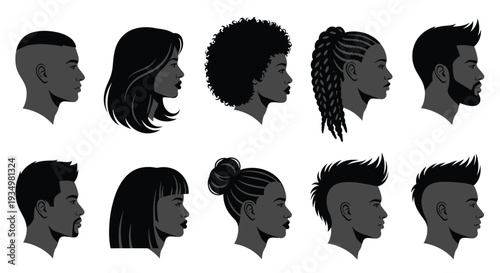 Collection of diverse human head silhouettes in various hairstyles and textures, Generative AI
