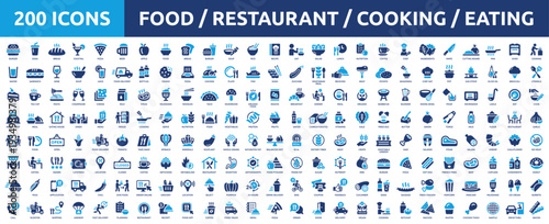 Huge set of 200 solid icons. Mega collection concept of food, restaurant, kitchen, cooking and eating. Vector illustration.